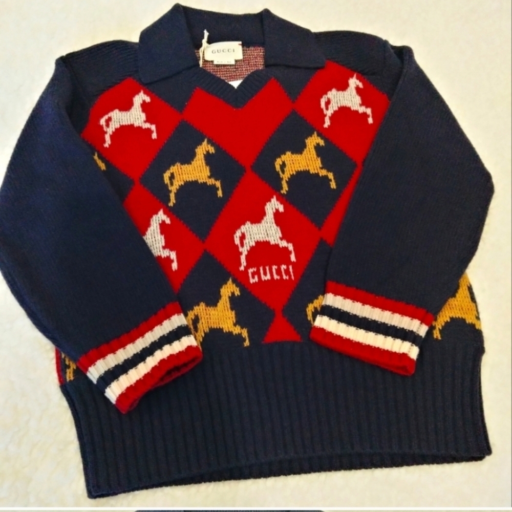 Gucci kids red blue argyle horse long sleeve polo wool sweater size 5